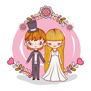 女孩和男孩的婚姻，花和树枝，树叶矢量插图