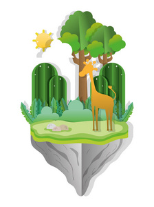 纸艺可爱的森林风景与长颈鹿翻转矢量插图平面设计