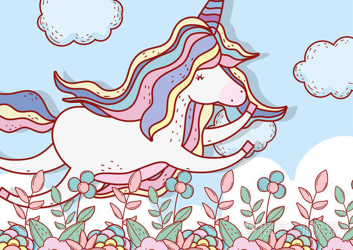 独角兽在云层和花草中飞翔的矢量插图