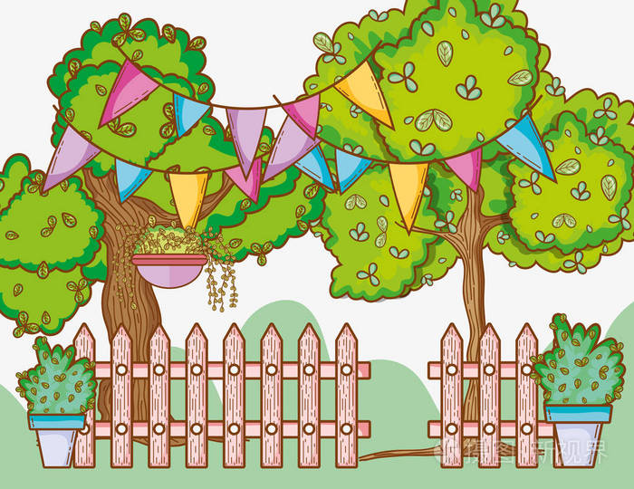 美丽的装饰花园卡通矢量插图平面设计