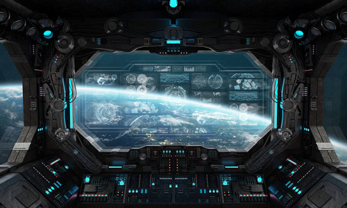 黑暗宇宙飞船内部空间与控制面板数字屏幕三维渲染照片