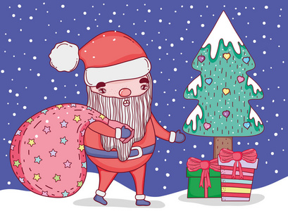 圣诞老人和松树带矢量插图