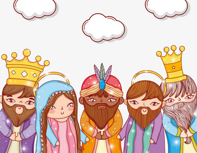 三位国王与约瑟夫和玛丽与云矢量插图