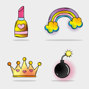 口红和彩虹搭配云彩和以及皇冠矢量插图