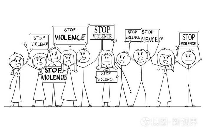 以停止暴力迹象示威的人群的卡通画