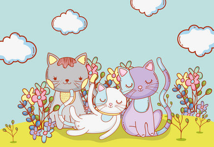 可爱的猫，带云和花的动物，矢量插图