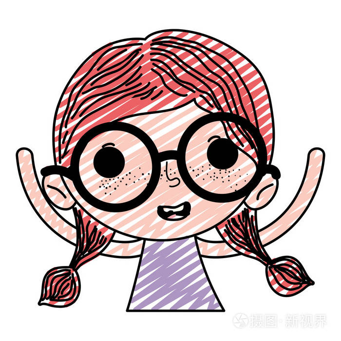 有发型的儿童涂鸦女孩双手向上矢量插图