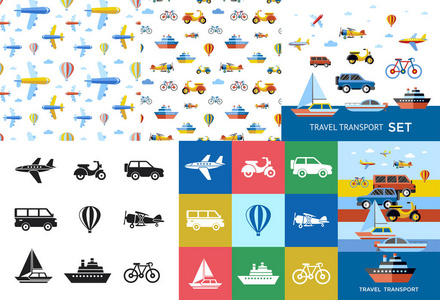 数字矢量蓝色红色旅游运输图标设置与绘制简单的线条艺术信息图形无缝图案演示与船平面和车辆元素周围宣传模板平面风格