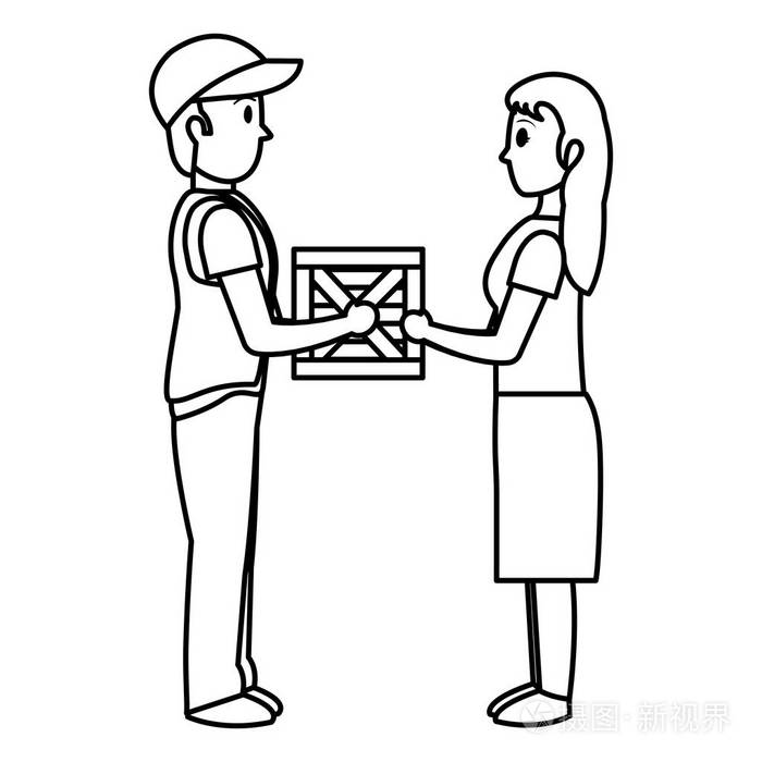 线男送包裹服务妇女矢量插图