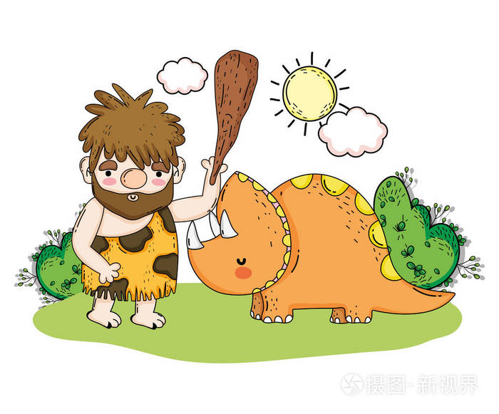 原始人带着三角龙史前动物矢量插图