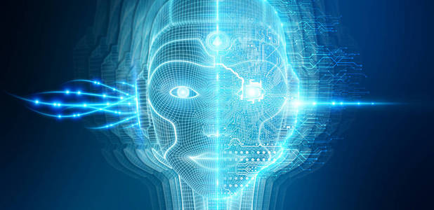 机器人女性半机人脸代表人工智能概念3d渲染照片