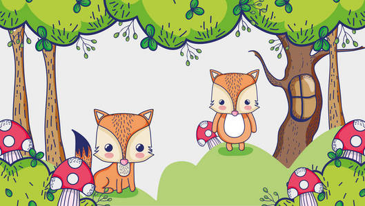 可爱的狐狸在森林涂鸦卡通矢量插图平面设计