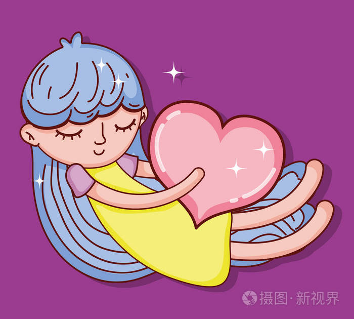 美丽的女孩,可爱的心,温柔的卡通插图,平面设计