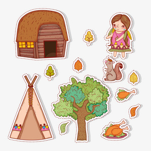 带秋叶和房子矢量插图的土著妇女