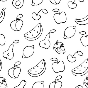 水果的涂鸦插图。 与水果无缝图案。 手绘矢量插图以卡通风格制作。 苹果，香蕉，西瓜，桃子，草莓