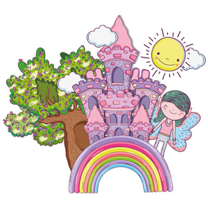 彩虹矢量图中有城堡的小仙女生物