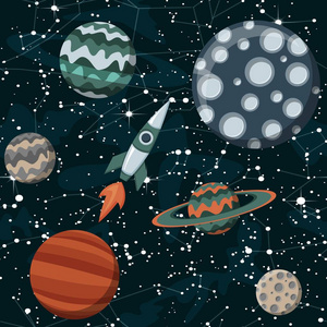 与行星和宇宙飞船的漫画空间。火箭动画片明星与科学设计