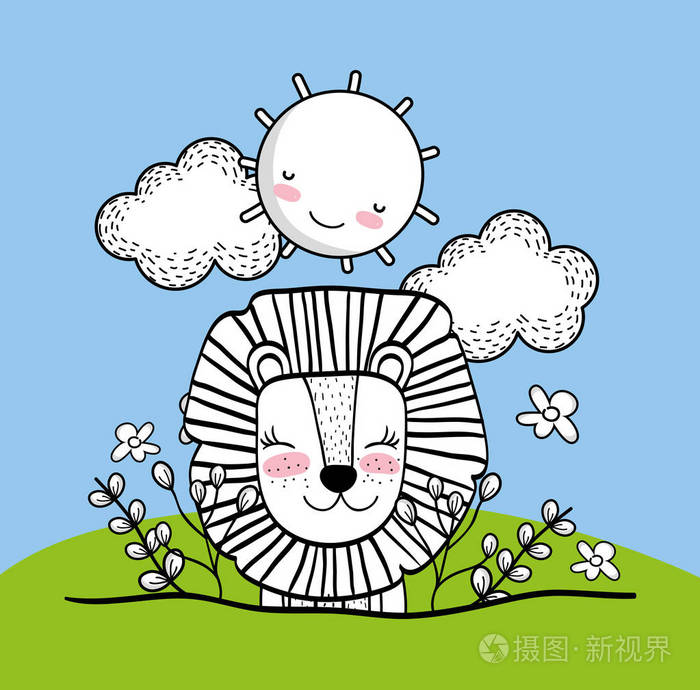 可爱的狮子与快乐的太阳和植物矢量插图