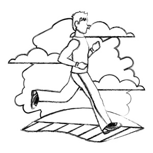 孤立矢量粉笔插图矢量图训练器材跑步机蓝色木制人体模型在跑步姿 ..