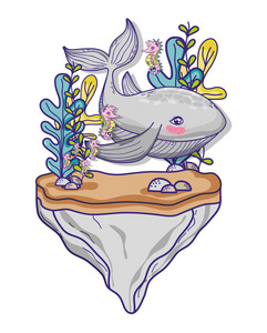 鲸海底动物海草可爱卡通矢量插图平面设计