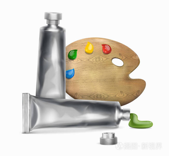 插画 艺术调色板与颜料管. 白色背景上的矢量插图.eps