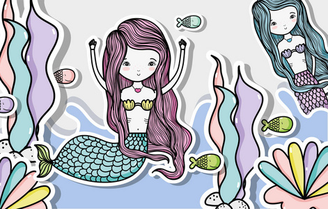 小美人鱼艺术卡通图标矢量插图图形设计