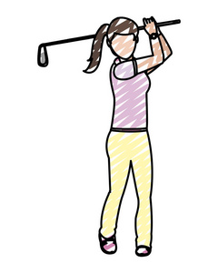 涂鸦女高尔夫球手，制服和高尔夫球棒矢量插图