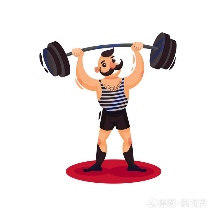 马戏团强壮的人拿着沉重的杠铃在他的头上.