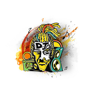 DJ男子播放曲调音乐主题元素，用于事件海报矢量插图。