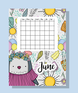 六月日历信息与企鹅和花卉矢量插图