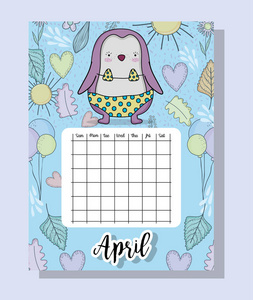 四月日历信息与企鹅和花卉矢量插图