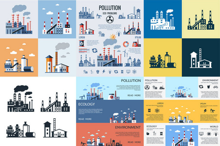 数字矢量蓝色工厂污染图标与绘制简单的线条艺术信息图形演示与植物烟雾环境和能源元素周围宣传模板平面风格