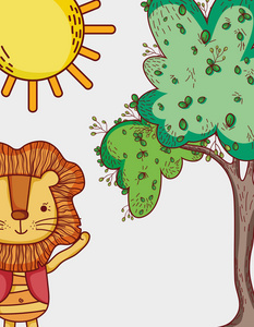 狮子在森林涂鸦漫画矢量插图平面设计