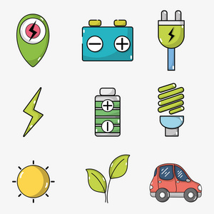 电动汽车电池和能量充电技术矢量图