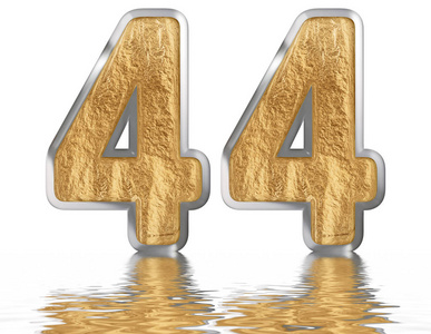 44,四十四,反射于水面,孤立于白色,三维渲染阿拉伯数字 44, 四十四