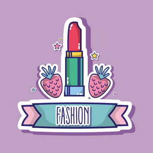 口红和草莓时尚贴片贴纸矢量插图