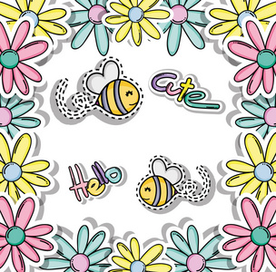 可爱可爱的卡片与蜜蜂和花朵卡通矢量插图平面设计