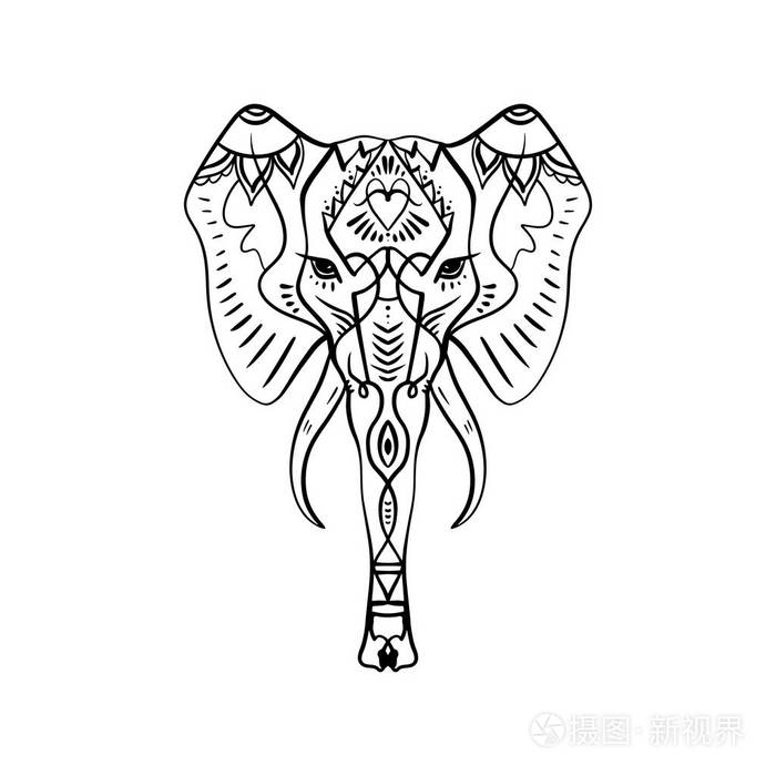 漂亮的手绘大象轮廓.博霍部落风格.行民族饰品.海报,心灵艺术,瑜伽.