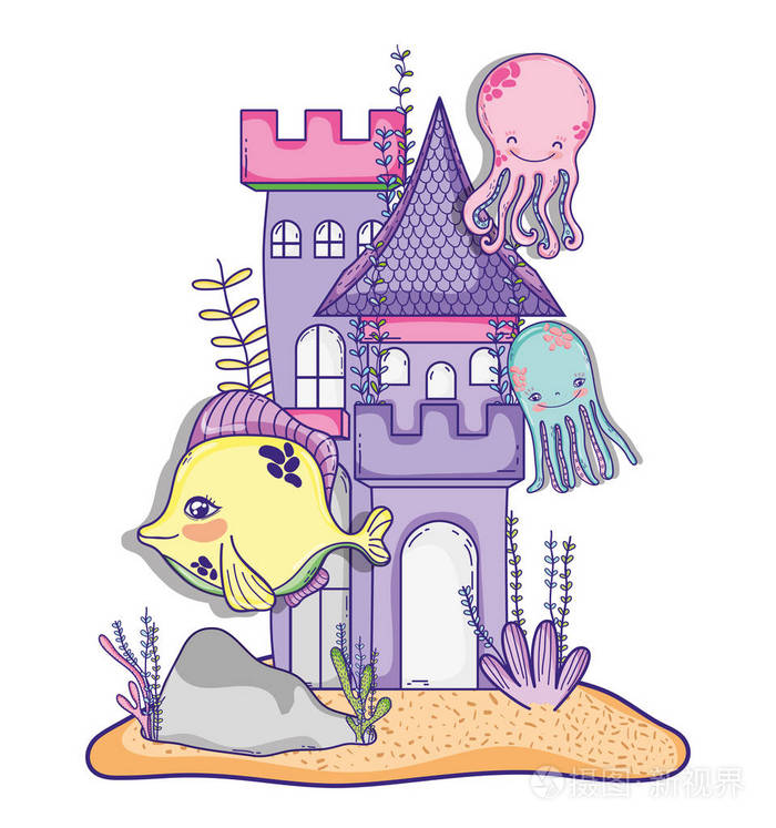 可爱的海底动物与城堡卡通矢量插图平面设计