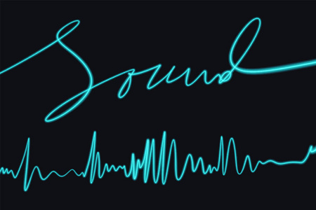 音乐剪辑霓虹发光声波振动线,隔离在黑暗背景上.轻画.音乐剪辑照片