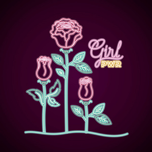 女性力量霓虹灯标签与玫瑰装饰照片