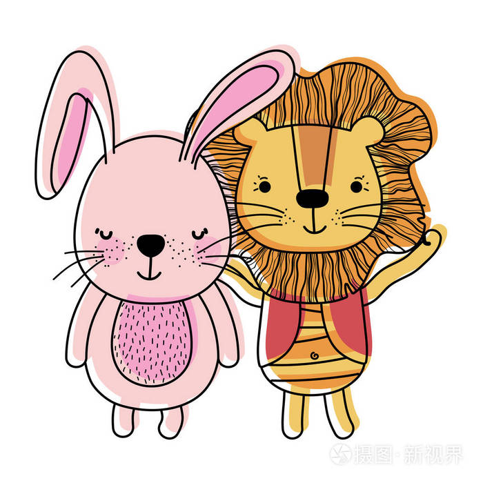 移动颜色可爱的兔子和狮子动物朋友矢量插图