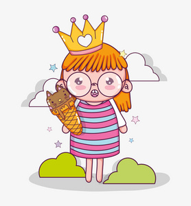 美丽的女孩带皇冠和猫冰淇淋矢量插图平面设计