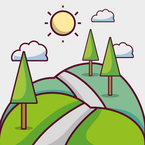太阳与自然天气和松树矢量插图