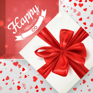 s day banner card, open gift box with red bow, vector illustrati