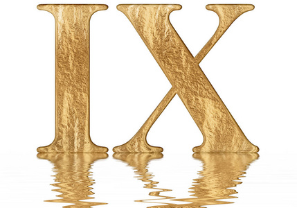 罗马数字9月9日9日反射在水面孤立的白色三维渲染照片