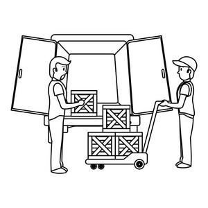 带包和平台手推车的线送货员照片