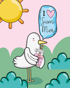 我喜欢夏天的卡通，可爱的小鸟喝果汁