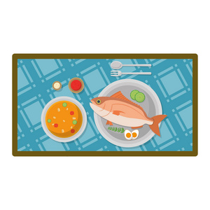 鱼食与鸡蛋在盘子和汤矢量插图