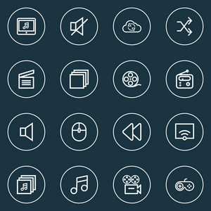 多媒体图标线条样式设置与声音关闭, 类别, 收音机和其他向后元素。独立的插图多媒体图标